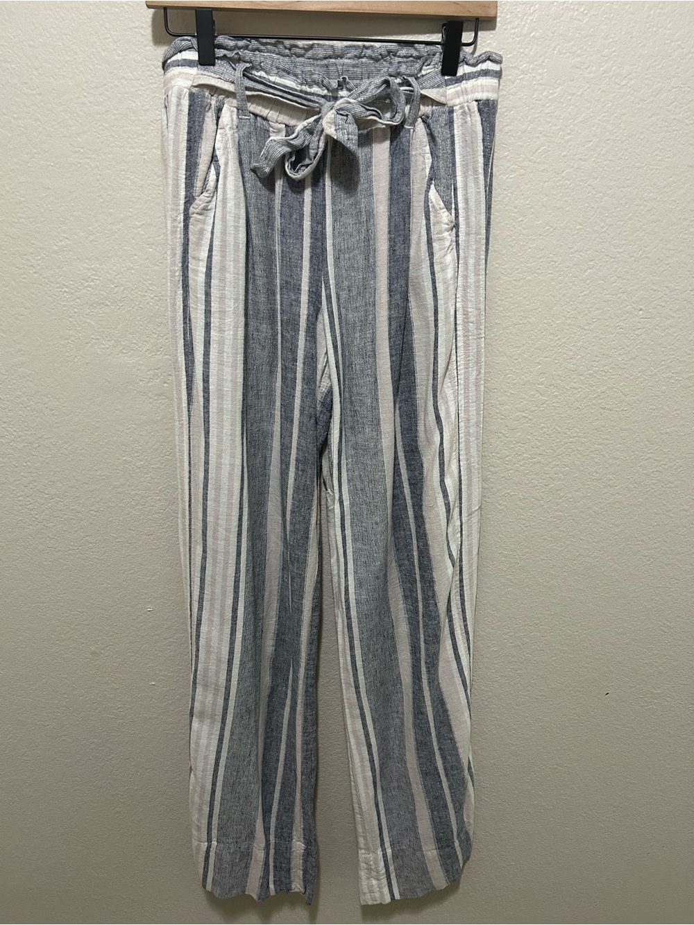 Jolt White Blue Stripe Linen Blend Wide Leg Pants Tie Waist Medium